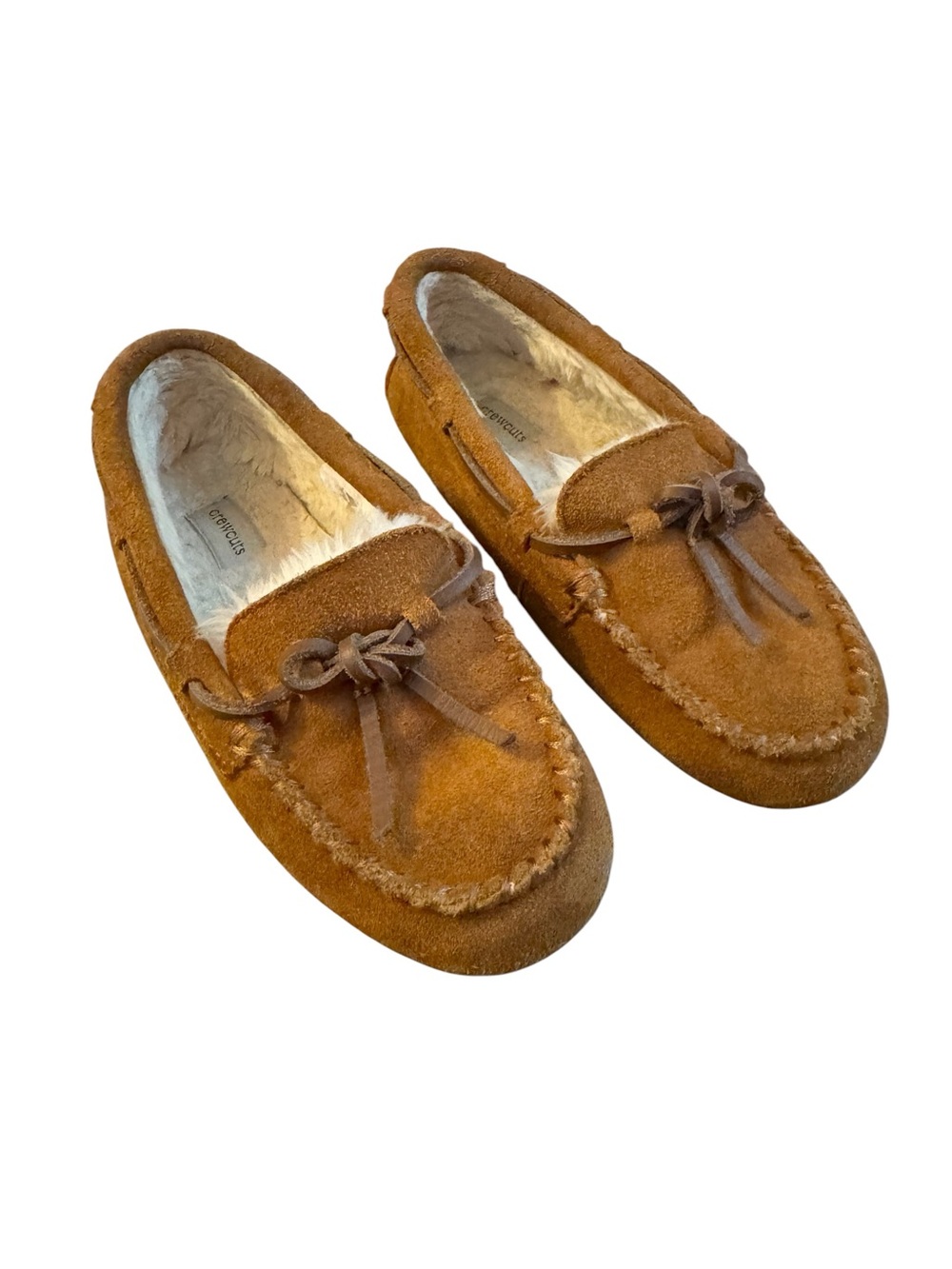 Crewcuts Kids Brown Suede Moccasin Slippers with Bow, Size 2, Fur Lined